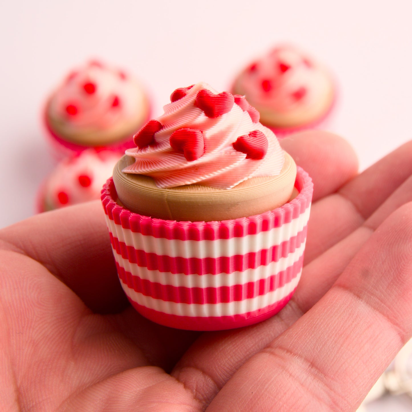 3 Pack Valentine’s Day Cupcake Fidget Keyring – Pink & White Stripes, Soft Pink Icing Red Hearts Gift