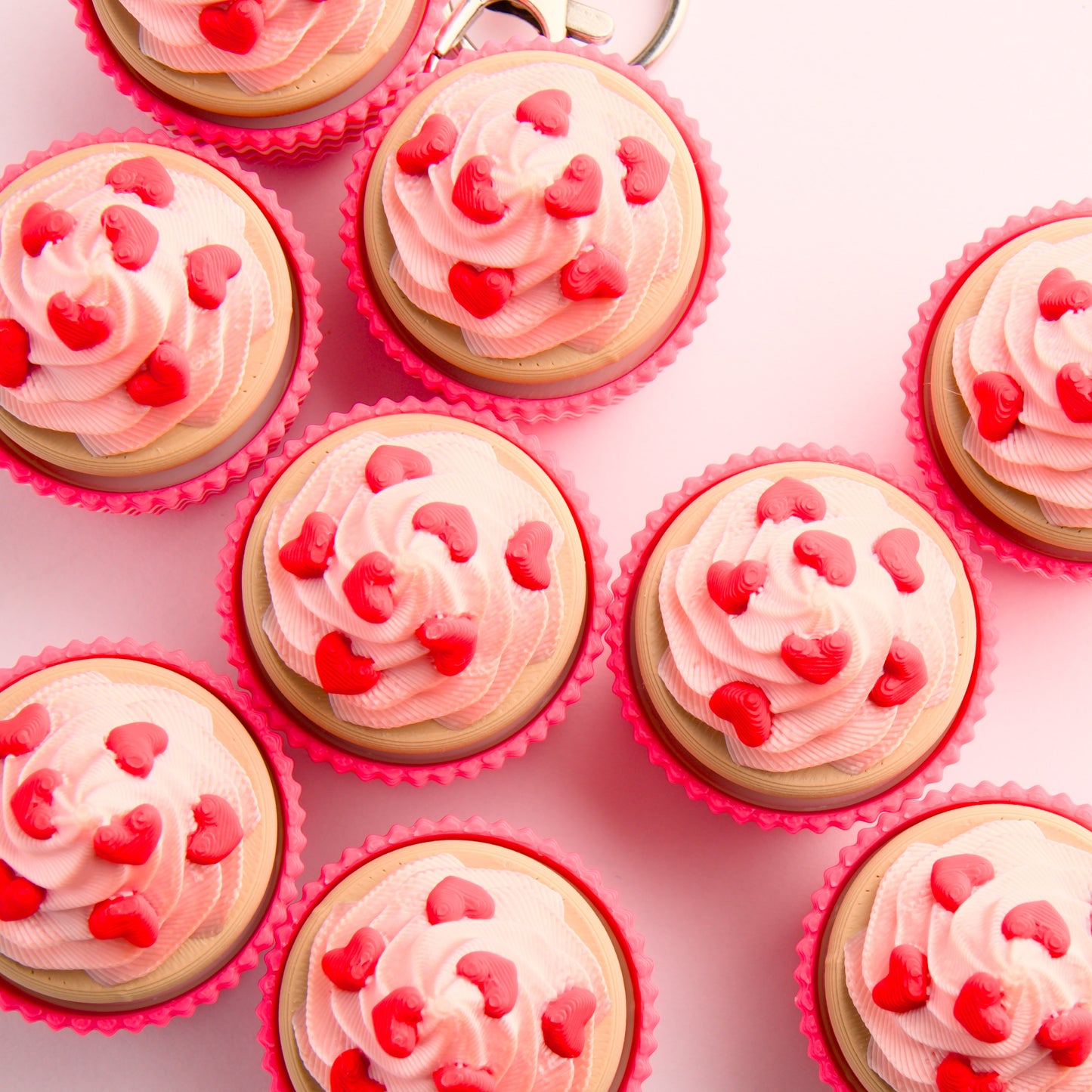 3 Pack Valentine’s Day Cupcake Fidget Keyring – Pink & White Stripes, Soft Pink Icing Red Hearts Gift