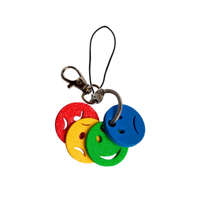 A close-up view of the Emotions Device Charm for phones and tablets, featuring four textured, brightly colored discs (red, yellow, green, blue) with happy, sad, and angry facial expressions, attached via a clip to a child's tablet case