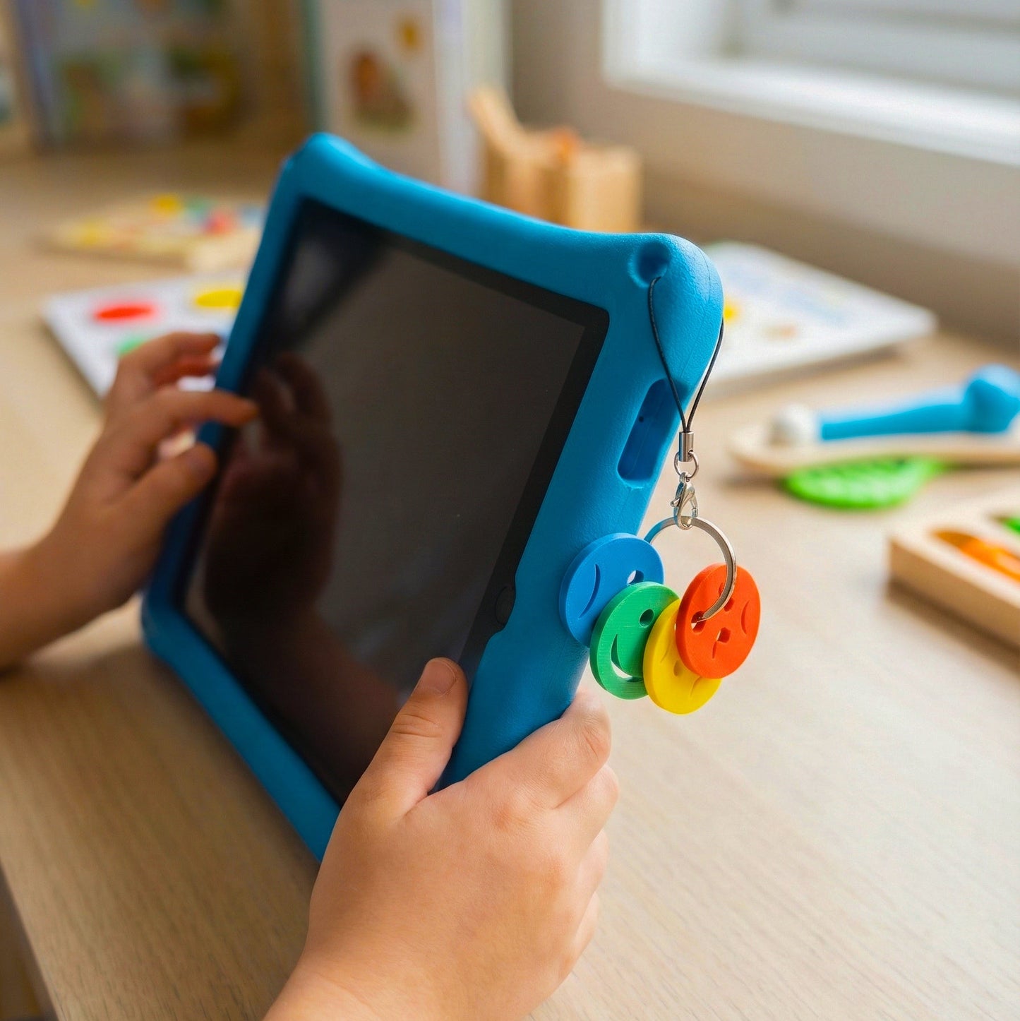 A lifestyle shot of the Emotions Device Charm by KeyKraftUK attached to a child’s tablet with a chunky blue protective case. A child’s hands hold the tablet in a learning environment, showing the four colourful, 26mm emotion discs—blue for sad, green for happy, yellow for worried, and red for angry—designed to support emotional regulation and SEN needs.