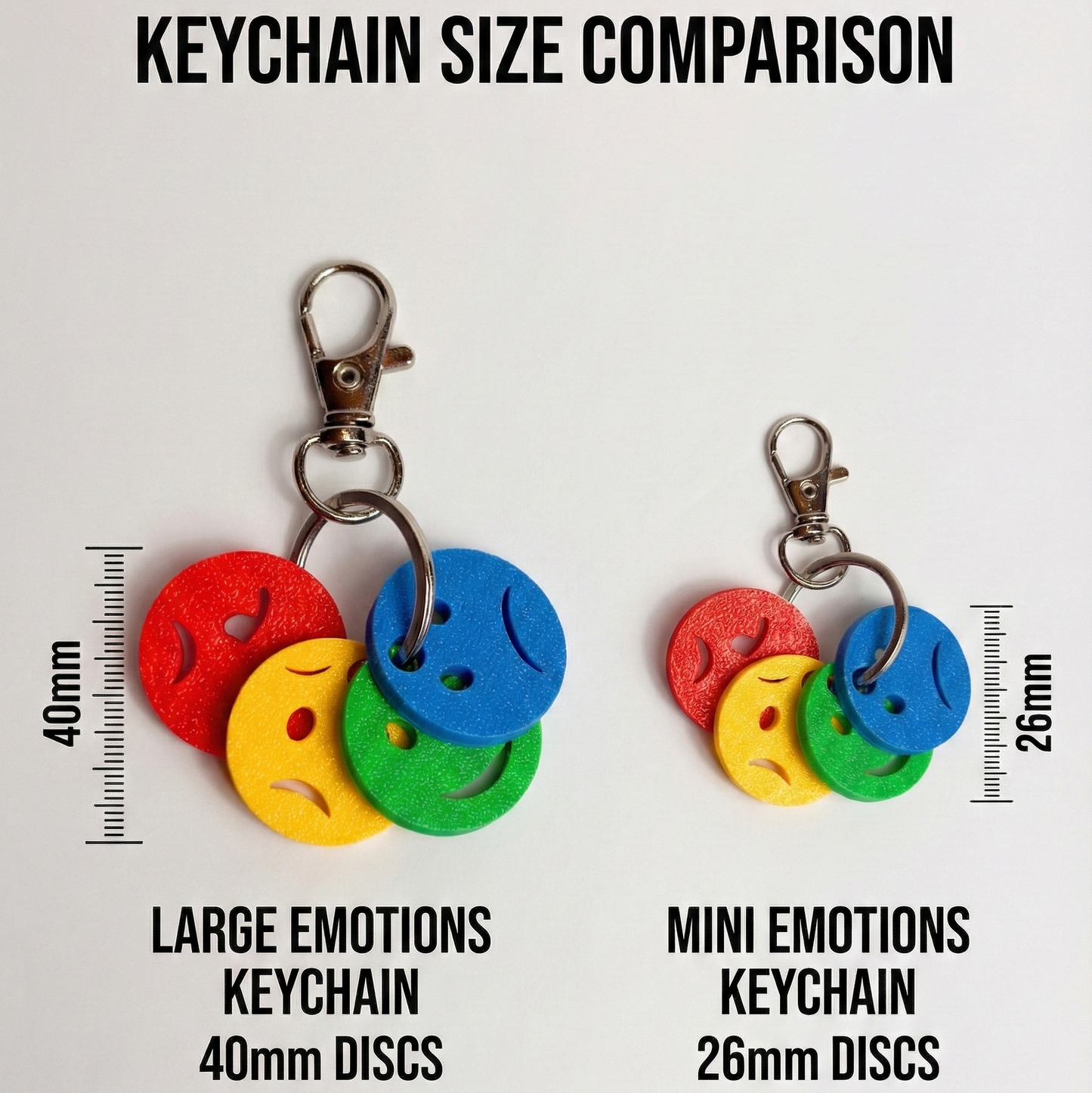 E-commerce infographic titled 'KEYCHAIN SIZE COMPARISON' showing two keychains side-by-side on a white background. On the left is the 'LARGE EMOTIONS KEYCHAIN' with four 40mm colored discs (red, yellow, green, blue) and a ruler indicating its size. On the right is the 'MINI EMOTIONS KEYCHAIN' with four 26mm colored discs and a ruler indicating its smaller size. The image clearly illustrates the size difference between the two products.