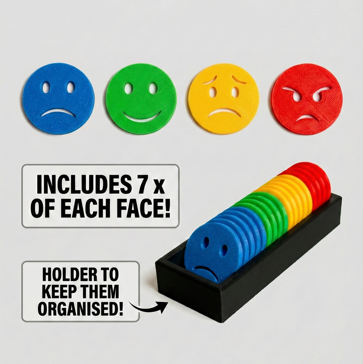 Product image showing a set of 28 3D-printed emotion tokens (7 sad, 7 happy, 7 worried, 7 angry) and a black storage holder. Text callouts highlight the quantity and the organizer tray.