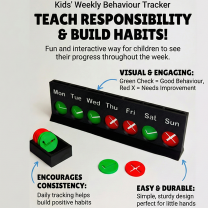 Infographic titled 'Kids' Weekly Behaviour Tracker' showing a black 3D-printed stand with slots for each day of the week, filled with green check and red X tokens. The main text reads 'TEACH RESPONSIBILITY & BUILD HABITS!' with smaller points below highlighting features: 'VISUAL & ENGAGING: Green Check = Good Behaviour, Red X = Needs Improvement', 'ENCOURAGES CONSISTENCY: Daily tracking helps build positive habits', and 'EASY & DURABLE: Simple, sturdy design perfect for little hands'. 