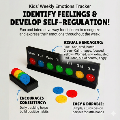 Infographic titled 'Kids' Weekly Emotions Tracker' with the headline 'IDENTIFY FEELINGS & DEVELOP SELF-REGULATION!'. The image shows a black 3D-printed stand with slots for each day of the week, filled with blue, green, yellow, and red face tokens. Text callouts explain the features: 'VISUAL & ENGAGING: Blue - Sad, tired, bored. Green - Calm, happy, focused. Yellow - Worried, silly, exhausted. Red - Mad, out of control, angry', 'ENCOURAGES CONSISTENCY: Daily tracking helps build positive habits', and 'EASY 