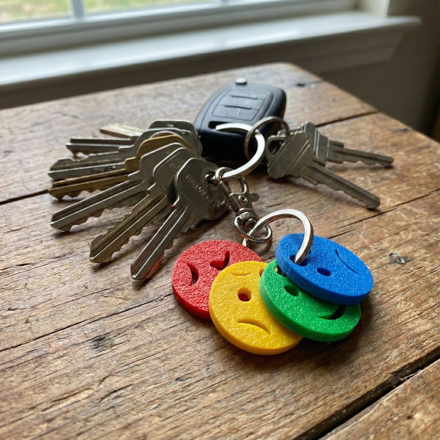 Product photograph showing the mini emotions keychain with four colorful 3D-printed discs (red, yellow, green, blue) attached to a large bunch of standard metal keys and a car fob resting on a rustic wooden table. This setting demonstrates the small scale of the 26mm discs compared to everyday keys.