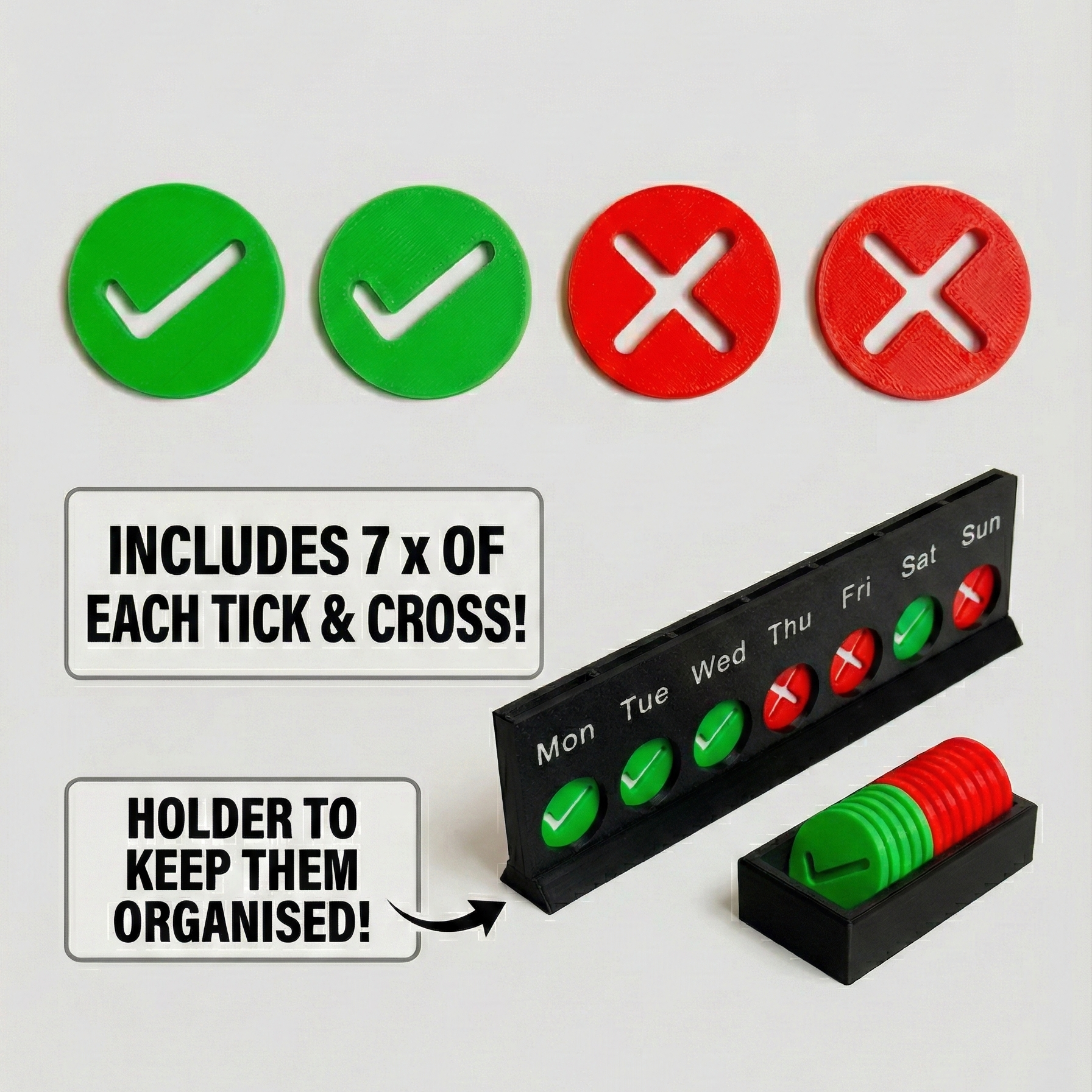 Product infographic showing 'WHAT'S INCLUDED:' in a set. It features individual red and green tokens with text '7x RED TOKENS' and '7x GREEN TOKENS', and a black 3D-printed holder tray filled with stacks of these tokens labeled '1x ORGANISER HOLDER'.