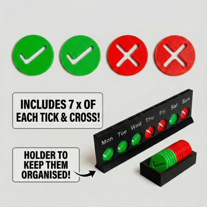 Product infographic showing 'WHAT'S INCLUDED:' in a set. It features individual red and green tokens with text '7x RED TOKENS' and '7x GREEN TOKENS', and a black 3D-printed holder tray filled with stacks of these tokens labeled '1x ORGANISER HOLDER'.